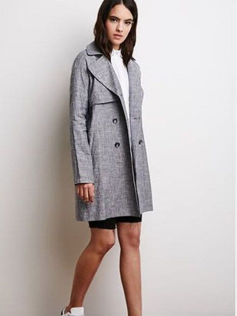 Forever 21 CBK Gray Textured Weave Double-Breast Storm Shield Overlay Trench M